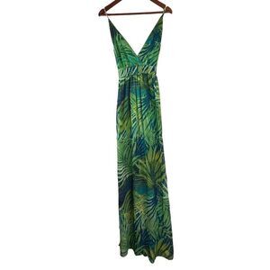 Revamped Tropical Leaf Print Maxi Dress Womens Large Coloful Chiffon Boho Glam